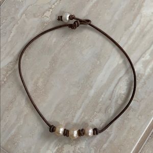 Genuine Leather and Pearl Choker Necklace